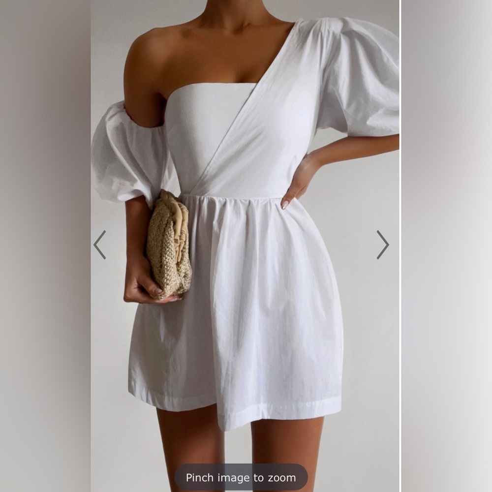 SULA MINI DRESS - ASYMMETRIC OFF ONE SHOULDER PUFF SLEEVE DRESS IN WHITE